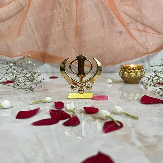 Svastika Khanda Sahib Golden Metal Idol for Car Dashboard