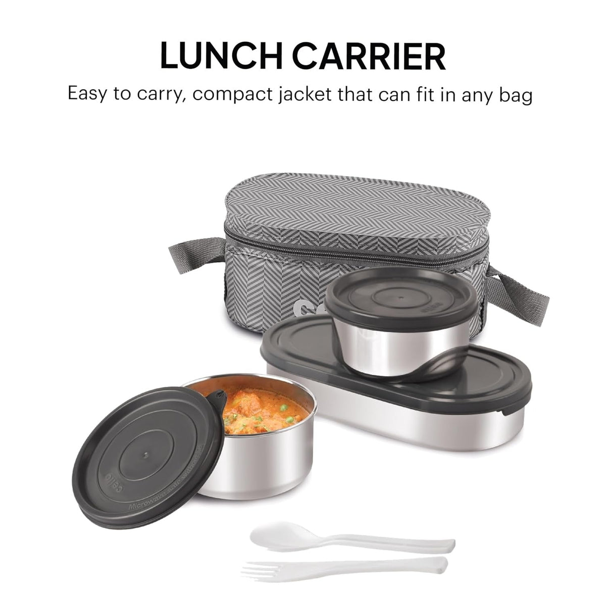 CELLO Bite Buddy Deluxe Set of 3 Pcs Stainless Steel Lunch Box with Bag