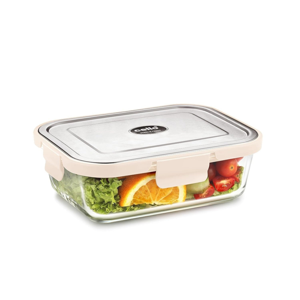CELLO Steel-O Fresh Rectangle Toughened Glass Container 370ml, White