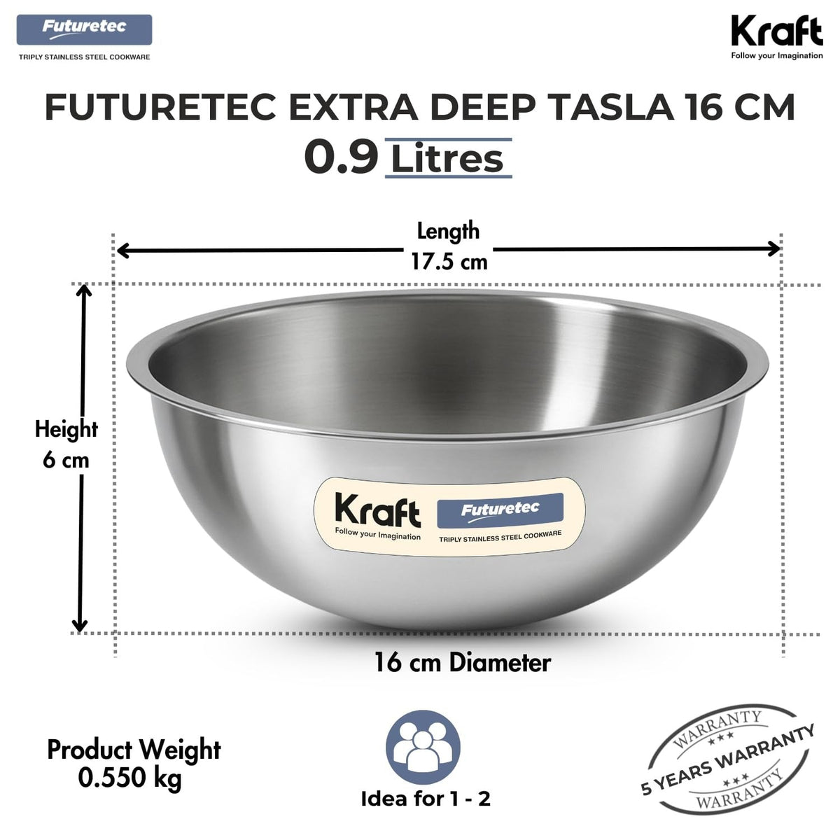 Kraft Futuretec Triply Stainless Steel Extra Deep Tasla 16cm, 0.9 L