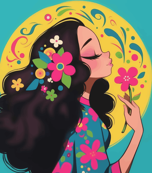 A lady blushing flowers around