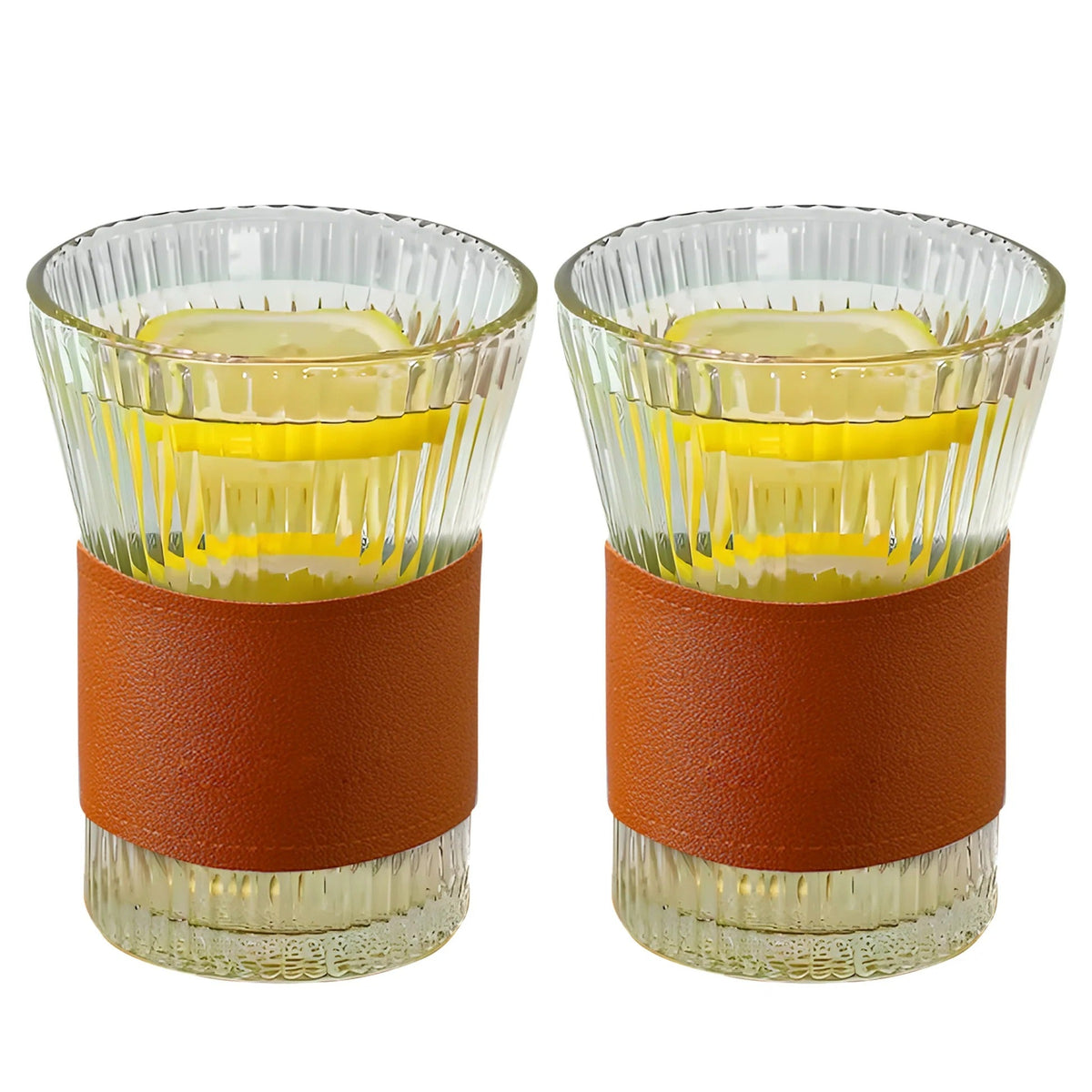 UMAI Glass Tea and Coffee Mugs Pack of 2 (280ml) | Leather Sleeves