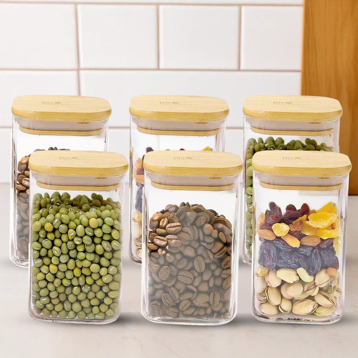 Pack of 6 Borosilicate Glass Kitchen Storage Jars with Bamboo Lids | 600ml | Food Safe | Transparent