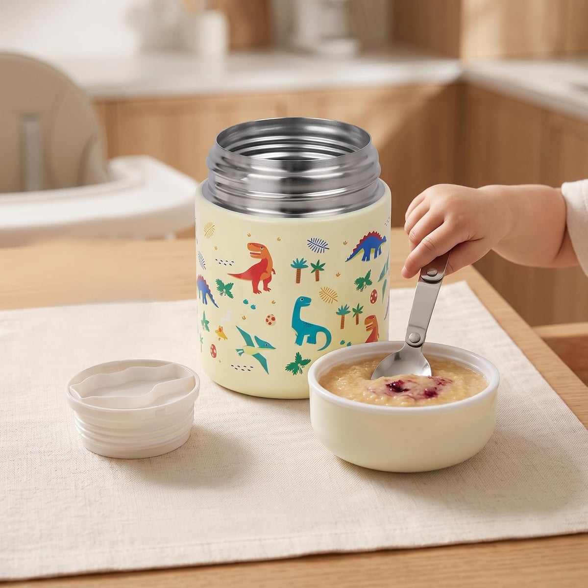 House of Quirk 304 Stainless Steel Baby Feeding Bowl with Spoon - Dinosaur Beige