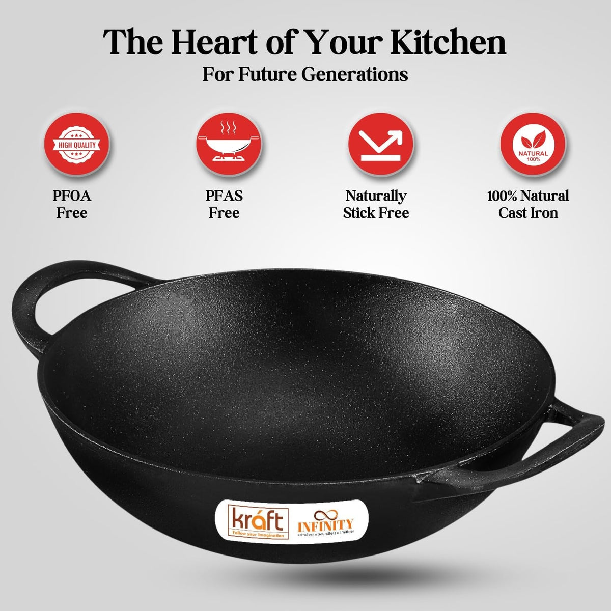 Kraft Infinity Pre-Seasoned Cast Iron Kadai 24cm Induction Friendly