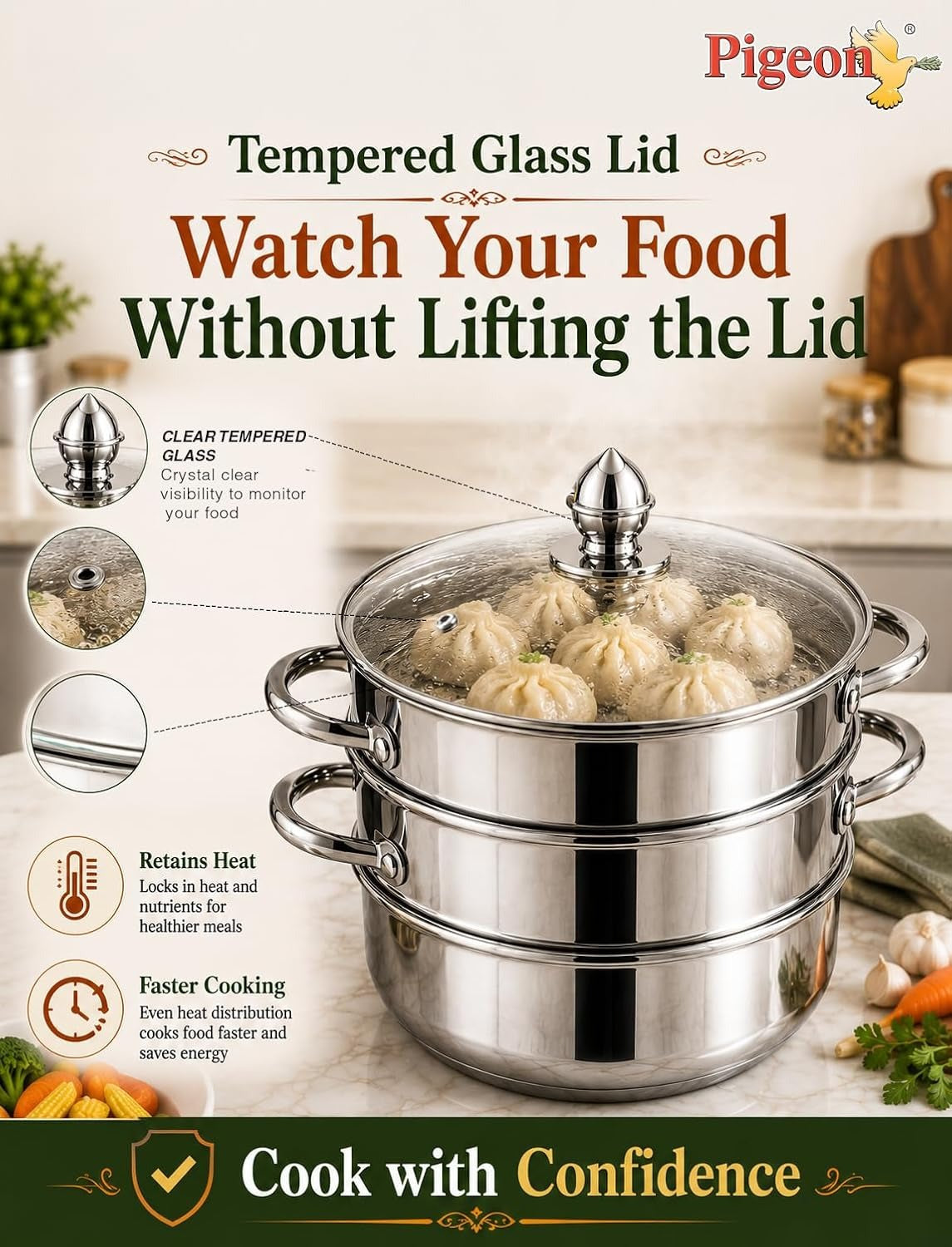 Pigeon Elantra Stainless Steel 3 Tier Steamer Pot Set with Glass Lid | Pasta Steamer Momo/Modak Maker
