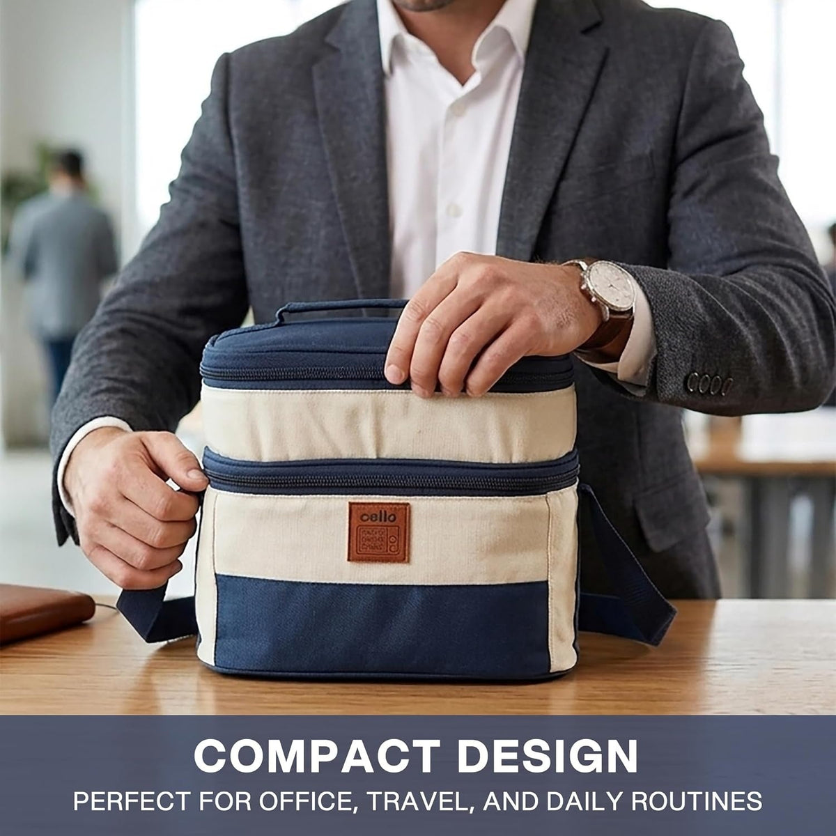 CELLO All Day Meal Lunch Box with Bag for Office Use Blue White | 550ml,375ml,225ml