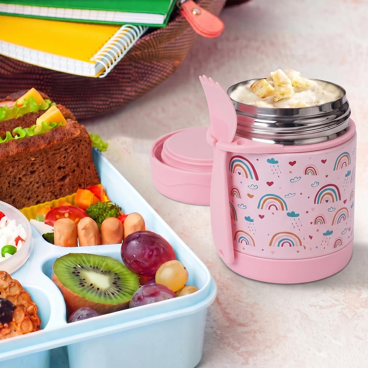 House of Quirk 304 Stainless Steel Baby Feeding Bowl with Spoon - Pink Rainbow