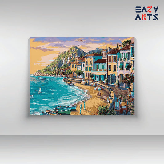 City Beach Boats and Mountains Paint By Numbers kit