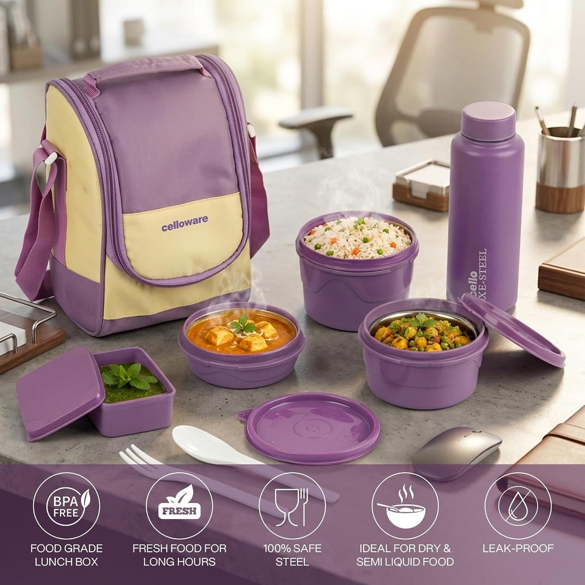 CELLO MF All In One Lunch Box with Bag for Office Use Purple-225ml, 375ml, 550m