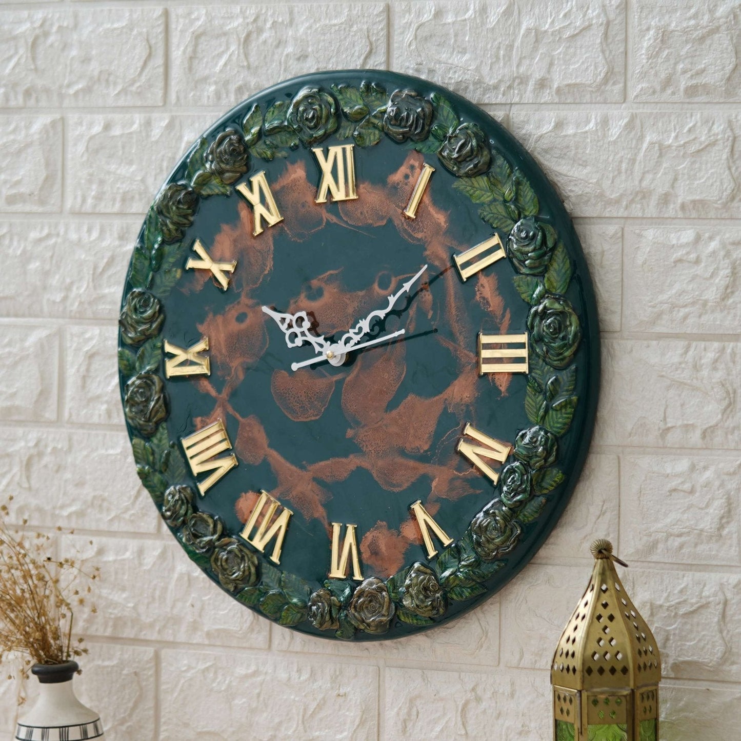 Exquisite Wooden Handmade Wall Clock Green With Brown Printed Acrylic Wall Clock for Home & Office Decorative Big Size Clock (16 Inch)