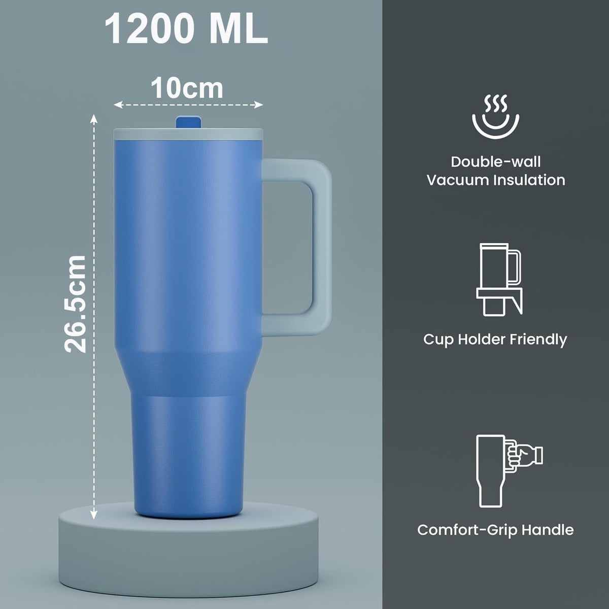 House of Quirk 1200ML Tumbler with Handle & Simple Flip Straw - Blue/Grey