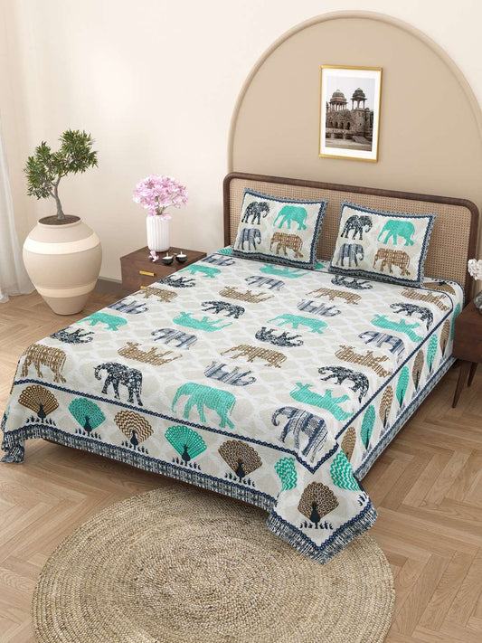 100% Pure Cotton Traditional Printed Bedsheet for Double Bed King Size Bedsheet with 2 Pillow Covers