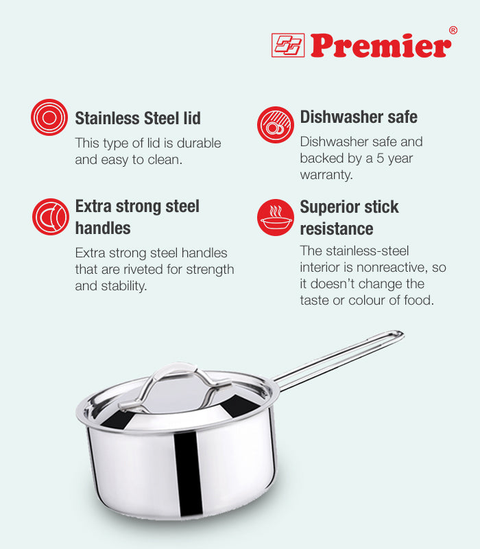 Premier 3-ply Clad Stainless Steel Sauce Pan TPS 16 cm - 1300 gms