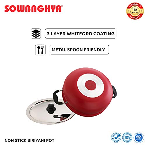 Sowbaghya Aluminium Non Stick Biryani Pot With Lid 6 Liter (Red) Handi Patila Bhagona Tapeli With Lid