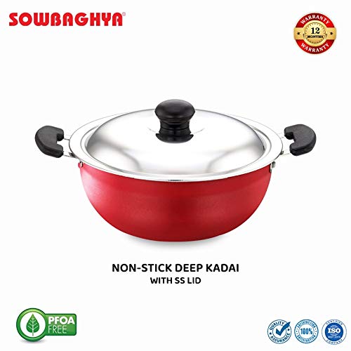 Sowbaghya Aluminium Non Stick Deep Kadai With Stainless Steel Lid (3 Ltr Red)