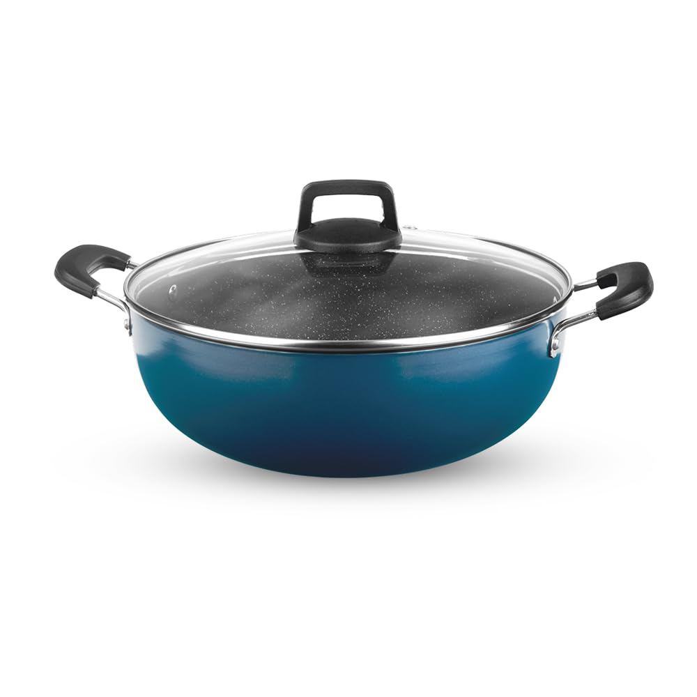 Borosil Prochef Non-stick Aluminum Kadhai With Lid 24 Cm | Gas Stove Compatible | Thick Uniform Body for Even Heating | Dishwasher Safe
