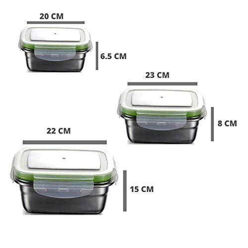 Femora Steel Rectangle Airtight Leakproof Container With Lock Lid Lunch Box | 850 Ml | 1800 Ml | 2800 Ml | Set of 3