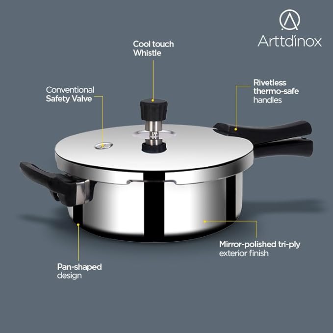 Arttdinox Stellar Stainless Steel 2 Ltr Mirror finish Pressure Cooker Lid with Gasket Rivetless Handle