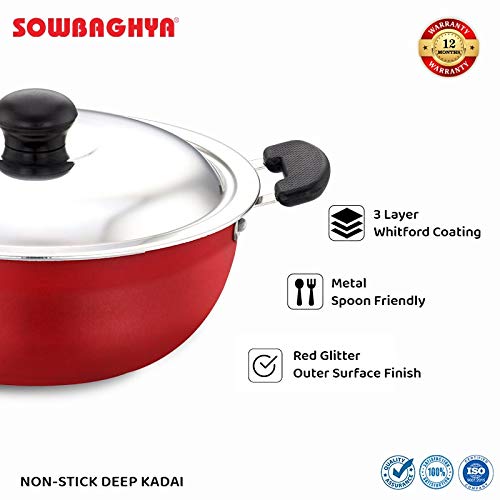 Sowbaghya Aluminium Non Stick Deep Kadai With Stainless Steel Lid (3 Ltr Red)