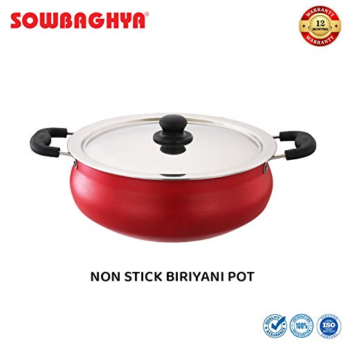 Sowbaghya Aluminium Non Stick Biryani Pot With Lid 6 Liter (Red) Handi Patila Bhagona Tapeli With Lid
