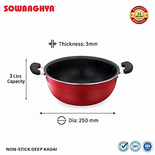 Sowbaghya Aluminium Non Stick Deep Kadai With Stainless Steel Lid (3 Ltr Red)