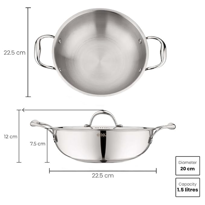 Allo Triply Stainless Steel Kadhai with Handles Perfect Kadhai for Curry 20cm 1.5 litres 20cm 1.5 litres