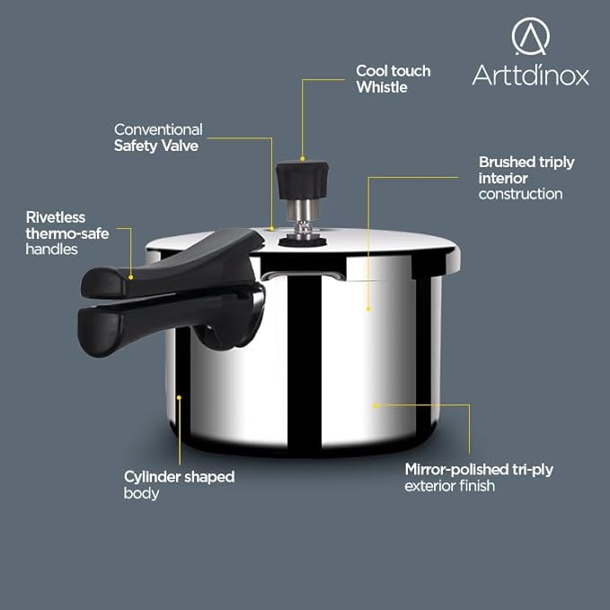 Arttdinox Stellar Stainless Steel Triply 3 Ltr Mirror Finish Pressure Cooker With Gasket