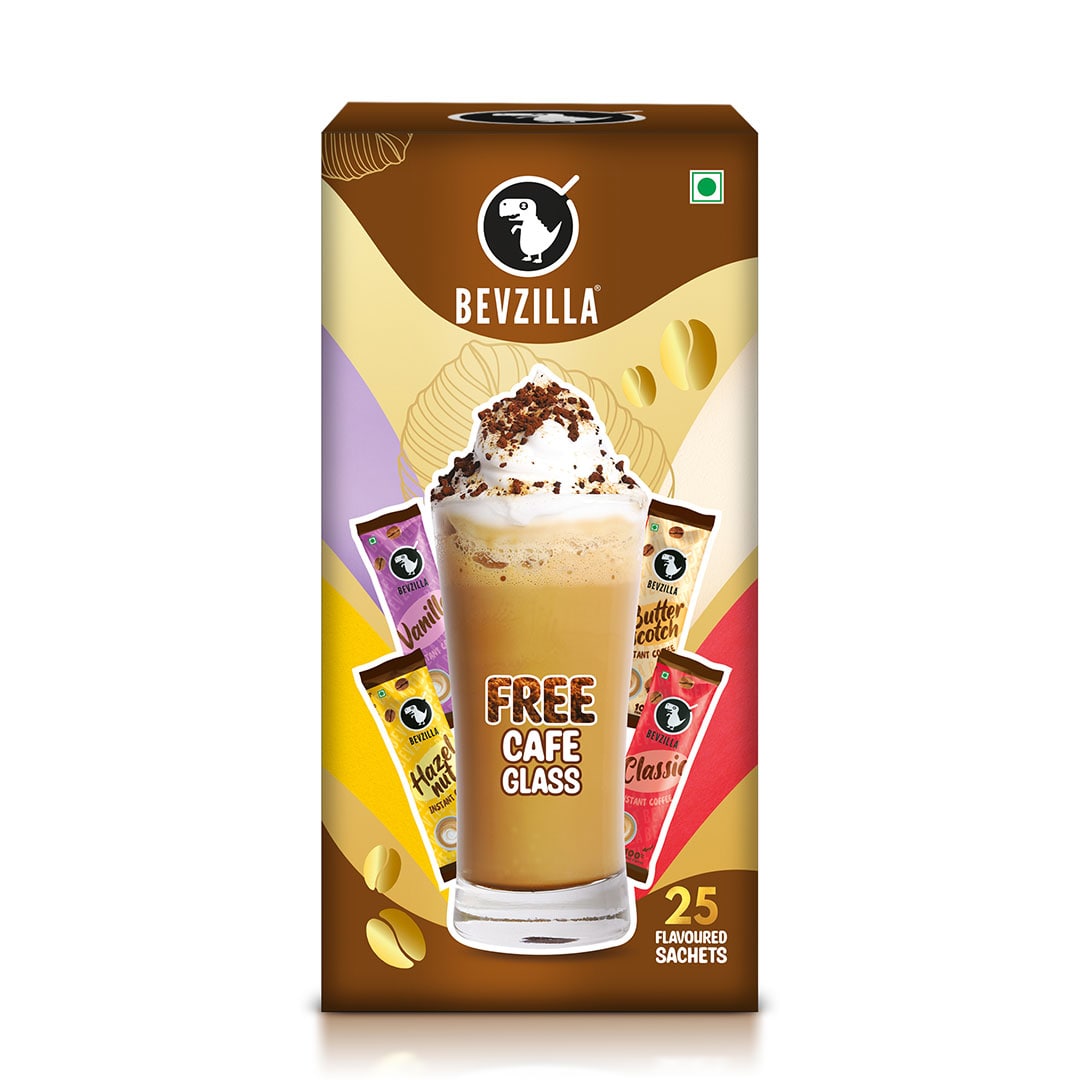 Assorted pack of Coffee Sachets With 25 flavoured coffee sachets + free cafe glass