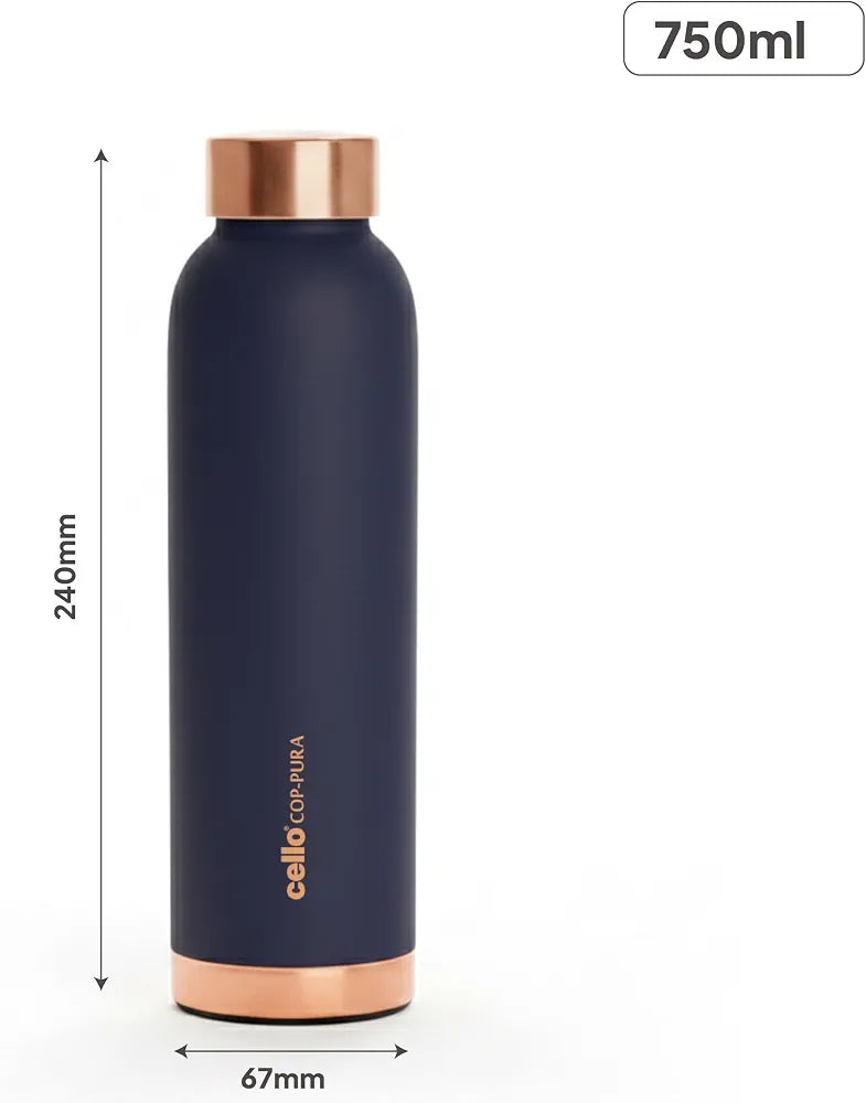 CELLO Evita Copper Water Bottle For Daily & Office Use 700 ml, Blue | Leakproof & Rustproof ISI Certified Single Wall 100% Pure Copper Promotes Immunity, Improve Digestion & Supports Healthy Living