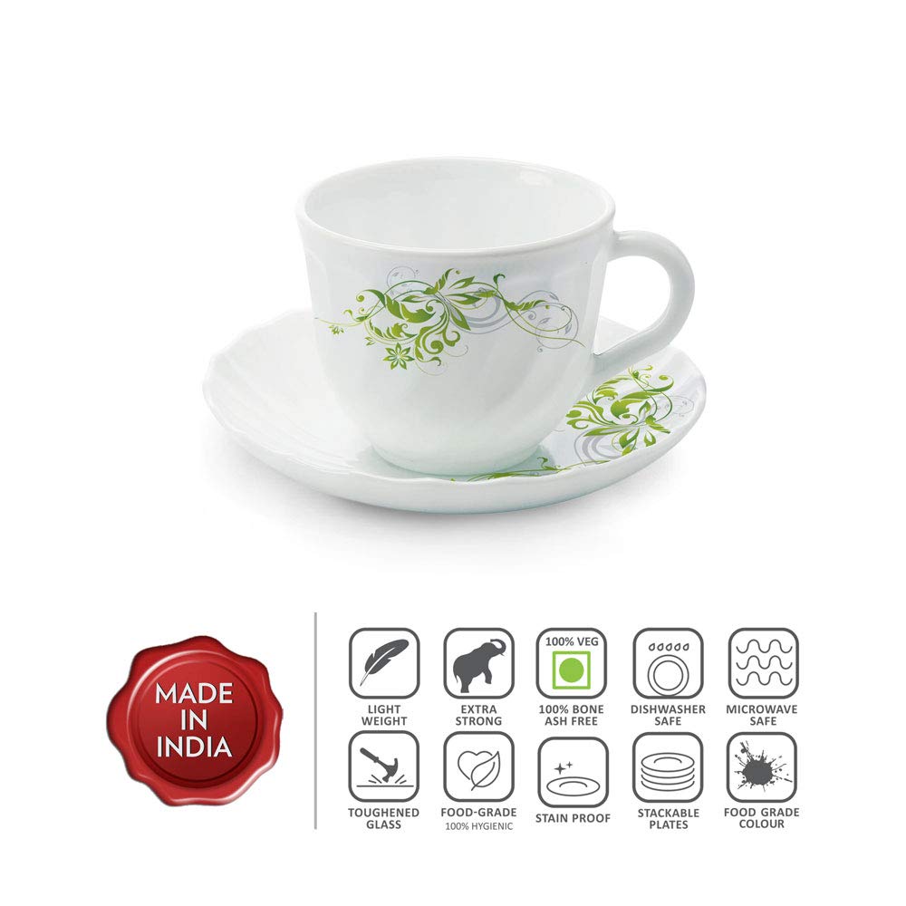 Borosil Larah Erba Cup and Saucer Set | Set of 6 |12-piece | 220ml | White