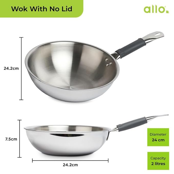 Allo Triply Stainless Steel Wok for Deep Fry Stir Fry Dry Veg 22Cm 2 Litre