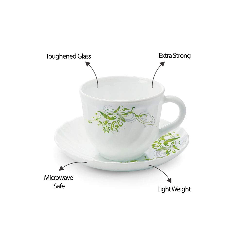 Borosil Larah Erba Cup and Saucer Set | Set of 6 |12-piece | 220ml | White