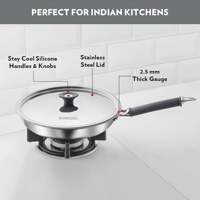 Borosil Cookfresh Tri-ply Stainless Fry Pan With Lid | Induction Friendly | 1.3 Litres | 20 Cm