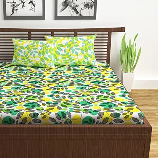 Divine Casa 144 TC Super Soft Cotton Bedsheet for Double Bed 144 Thread Count Floral Colour Green & Yellow