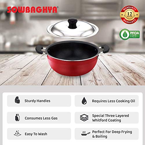 Sowbaghya Aluminium Non Stick Deep Kadai With Stainless Steel Lid (3 Ltr Red)