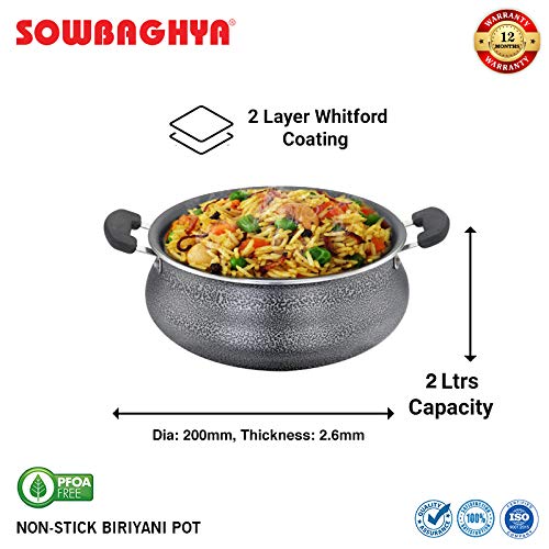 Sowbaghya Aluminium Biriyani Pot With Lid 2 L (Black) Handi Patila Bhagona Tapeli with Lid