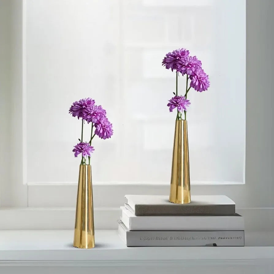 Behoma Golden Metal Slim Cone Flower Vase Small Flowers not Included