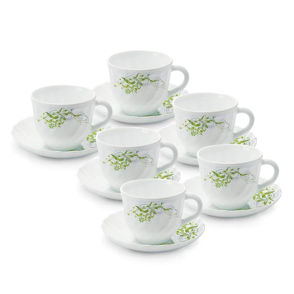 Borosil Larah Erba Cup and Saucer Set | Set of 6 |12-piece | 220ml | White