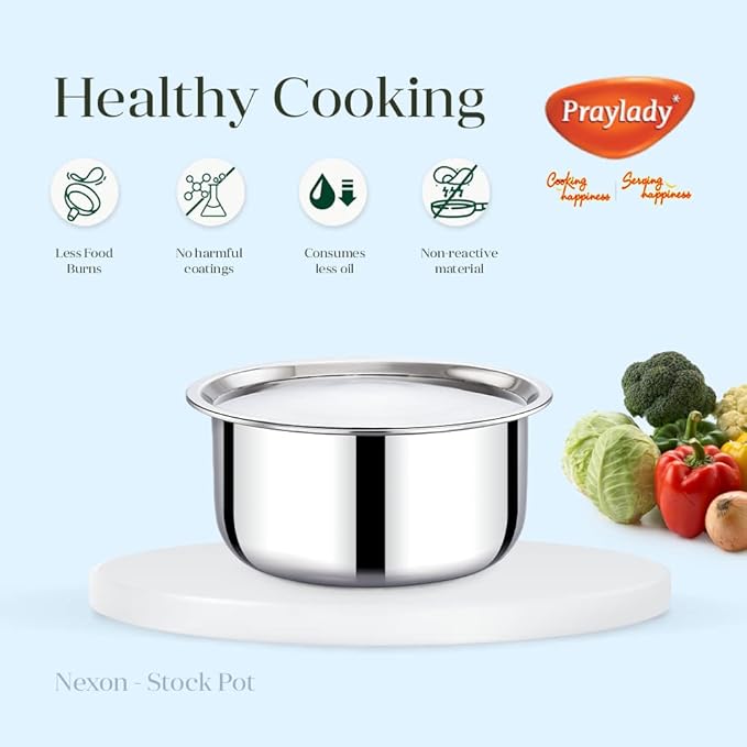 Praylady Stainless Steel Nexon Series Triply Cooking Pot with Lid Capacity 22 cm 4.0 Liter Silver