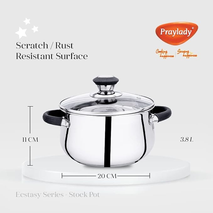Praylady Stainless Steel Stock Pot with Glass Lid Ecstasy Series 3 Ply Base Stock Pot Size 20 cm Capacity