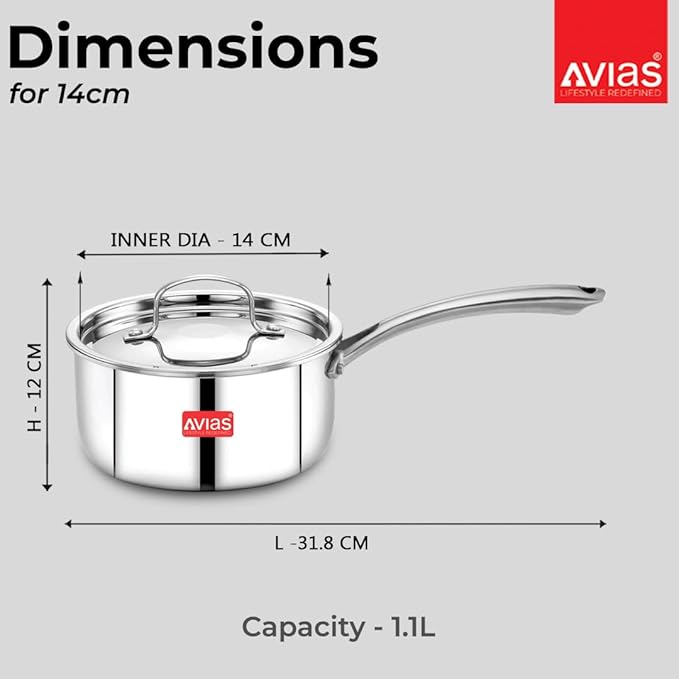 Avias Riara Triply Saucepan with Lid 14cm Stainless Steel Sauce Pan Triply Tea Pan 2.5 mm Thickness
