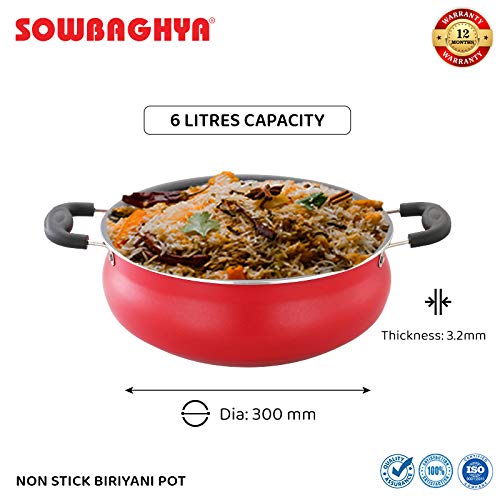 Sowbaghya Aluminium Non Stick Biryani Pot With Lid 6 Liter (Red) Handi Patila Bhagona Tapeli With Lid