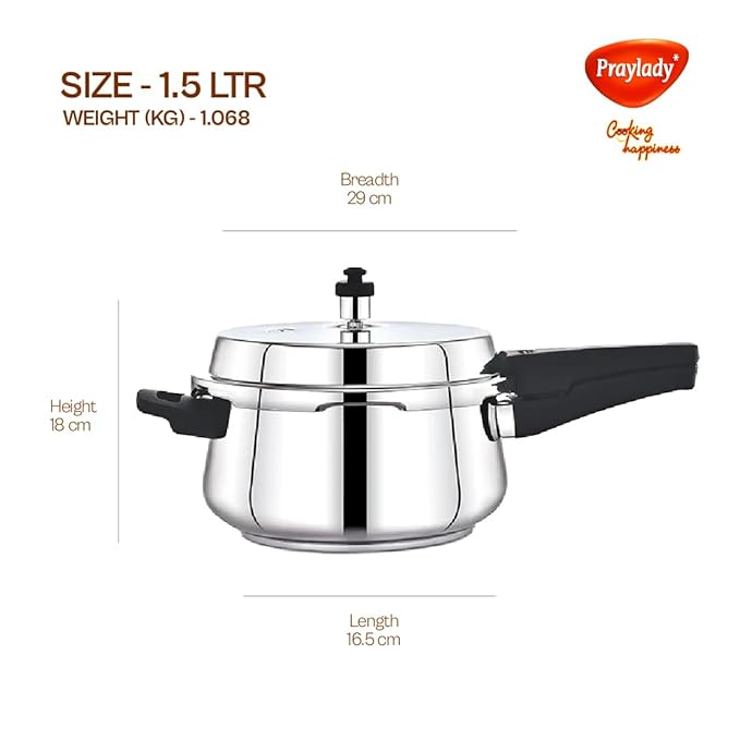 Praylady Stainless Steel Pressure Cooker With Outer Lid Neo + Belly Cooker 1.5 Liter Silver