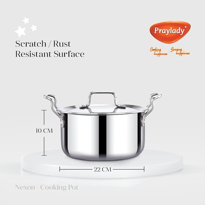 Praylady Nexon Series Triply 22 cm 4.2 L Stock Pot with SS Lid Healthy Non Toxic Casserole