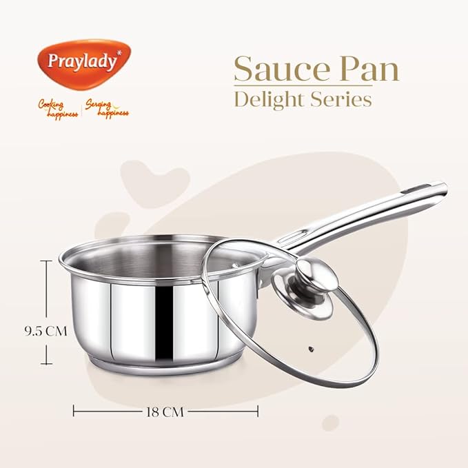 Praylady Stainless Steel 3 Ply Base Sauce Pan with Glass Lid Delight Series 18 Cm Dia Capacity 1.8 Litre Silver