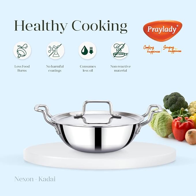 Praylady Nexon Series Triply 22cm 2.1L Kadai with SS Lid Healthy Non Toxic Kadhai for Curry