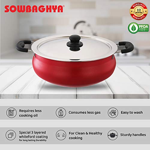 Sowbaghya Aluminium Non Stick Biryani Pot With Lid 6 Liter (Red) Handi Patila Bhagona Tapeli With Lid