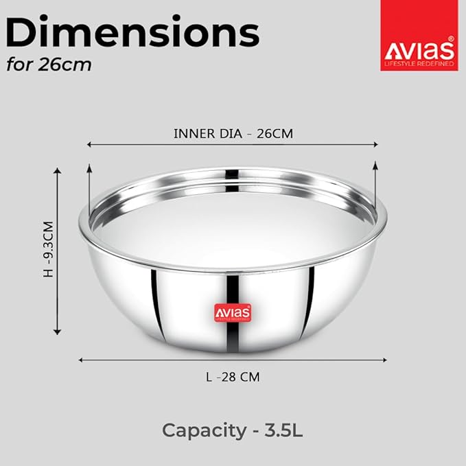 Avias Riara Triply Tasla with Lid Stainless Steel Tasla kadai 3 Layered Cookware 2.5mm Thickness 3.5 litres 26cm