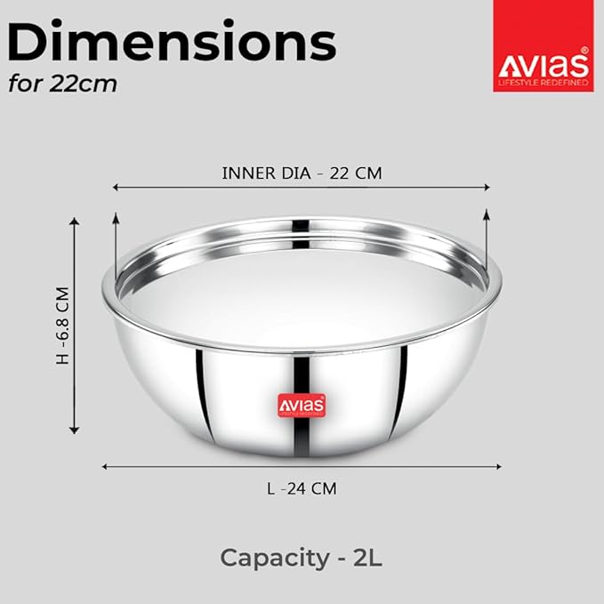 Avias Riara Triply Tasla with Lid Stainless Steel Tasla kadai Induction Friendly 2.5mm Thickness 2 litres 22cm